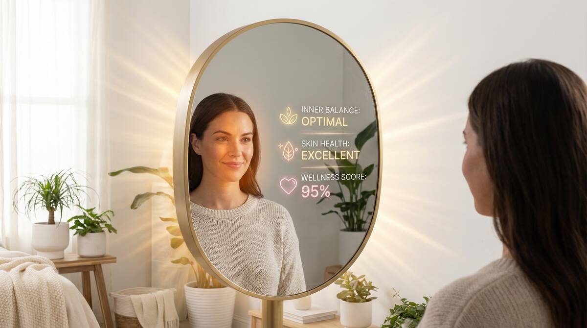 女性がスマートミラーに映る自分の姿を見ている。ミラーには彼女の自然で輝く顔と自信に満ちた笑顔が映り、ホログラフィックオーバーレイで「Inner Balance: Optimal」「Skin Health: Excellent」「Wellness Score: 95%」などの肯定的な健康指標が表示されている