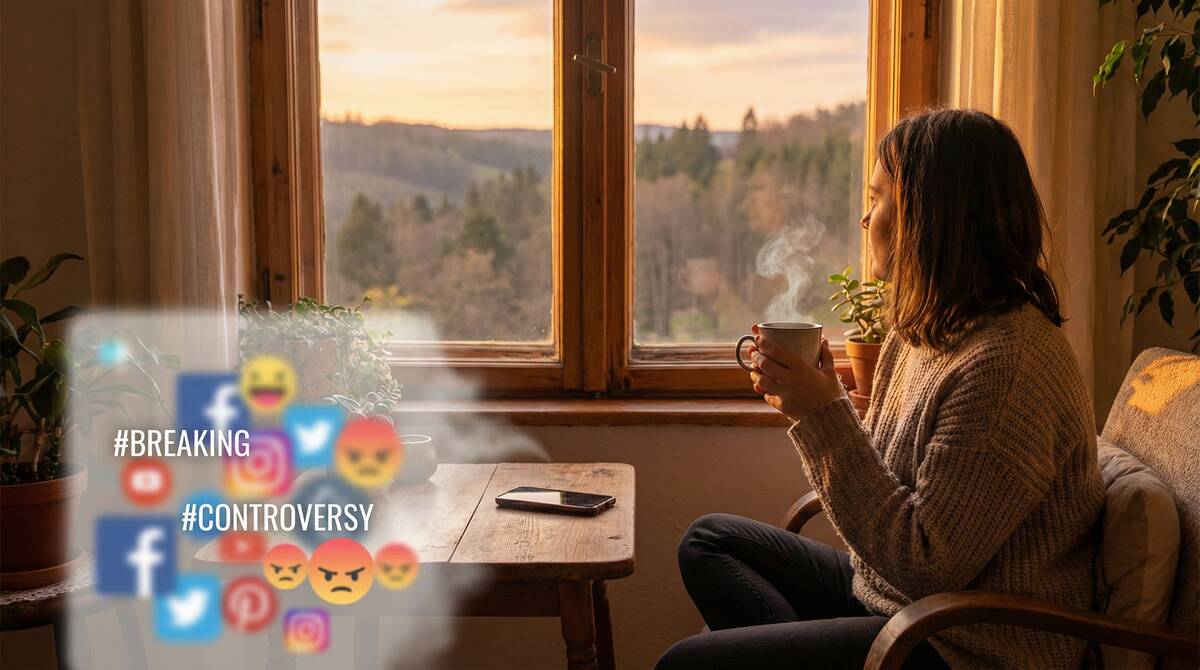 窓際に座ってお茶を飲みながら、木々と夕日が見える穏やかな自然の風景を眺めている人。近くのテーブルには、スマートフォンが裏返しに置かれ、意図的に無視されている。前景には、トレンドハッシュタグ、炎上、バイラル投稿を含む混沌としたソーシャルメディアフィードを示す半透明のオーバーレイがあるが、それは消えかかっている