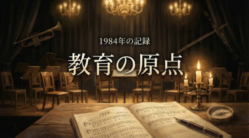 1984年の指導記録が記された古いノートと万年筆、そして羅針盤が置かれている。教育の原点を象徴する画像。