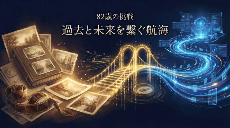 古いアルバム写真と、未来的なデジタルデータが光の橋で繋がっている。過去を未来へ繋ぐデジタルアーカイブの挑戦。