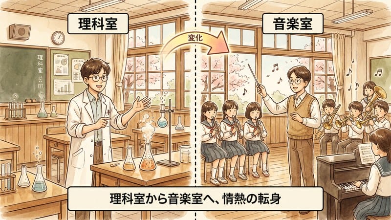 理科の教師から音楽の教師へ転身したことを示すイラスト