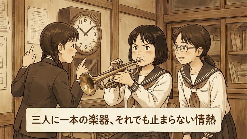 一本のトランペットを三人で交代で練習する生徒たちのイラスト