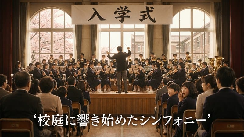 入学式で演奏する吹奏楽部の様子のイラスト