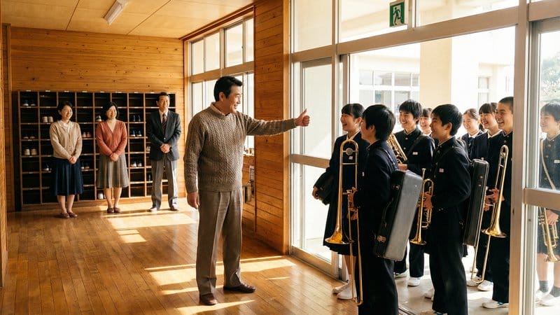 授業を免除され、先生に見送られて校外演奏に向かう吹奏楽部員たち