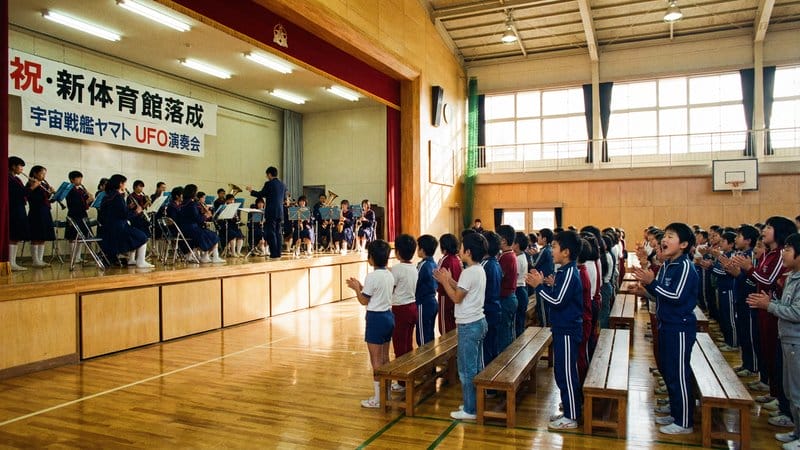 体育館で小学生たちが立ち上がって演奏に合わせて歌っている様子