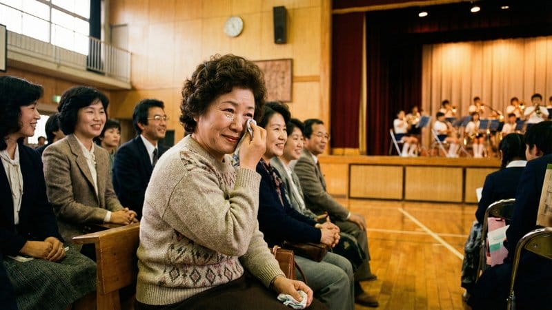 客席で我が子の演奏を見て涙を拭う母親