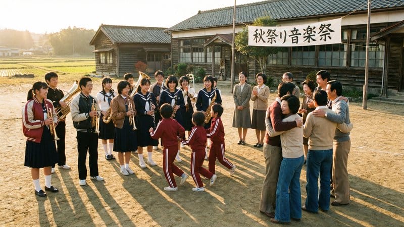 演奏後、部員と小学生、保護者が笑顔で交流する様子