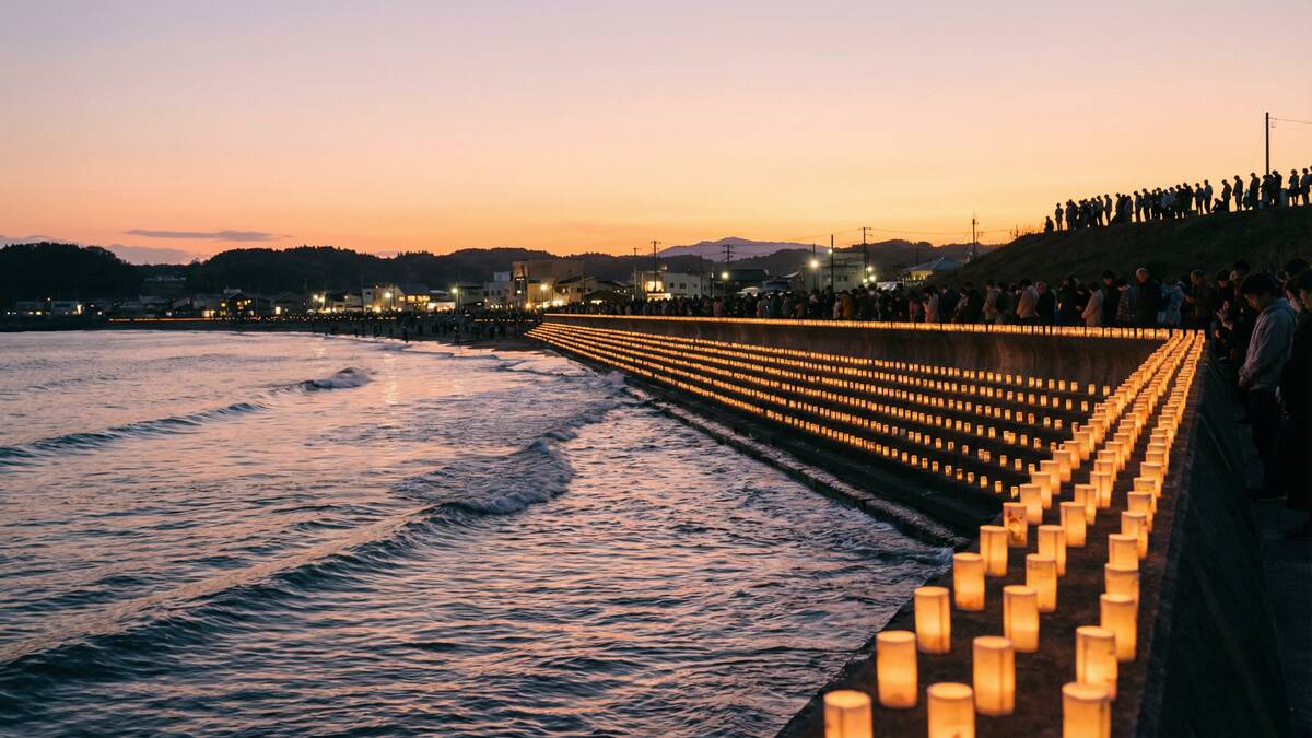 東日本大震災15年の追悼 海岸に灯されたキャンドルと復興した街