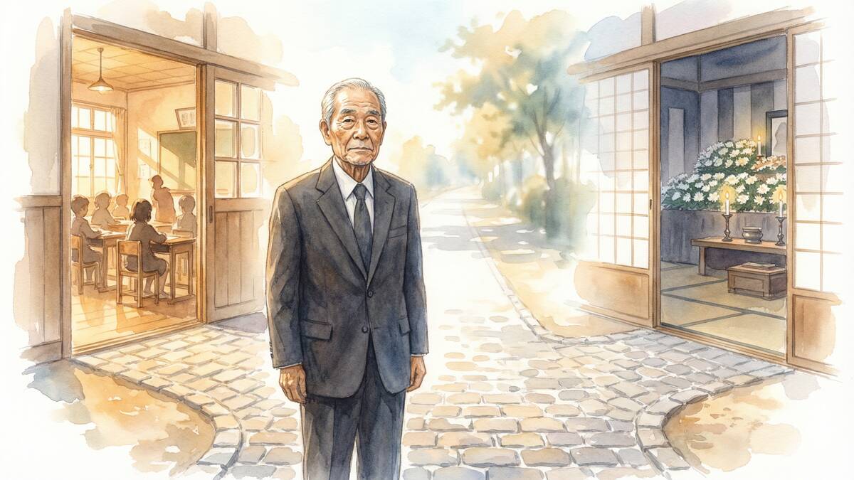 人生の転換点：教職を退き葬儀の世界へ踏み出す男性のイラスト