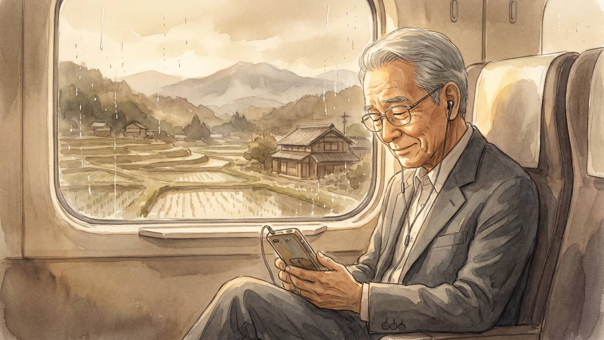 東京へ向かう新幹線の車内で「花は咲く」に出会った老人 水彩画