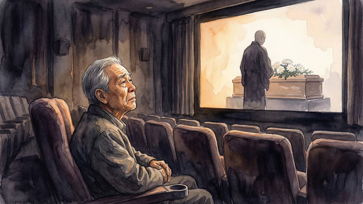 映画館で「おくりびと」を鑑賞し感動する老人のイラスト