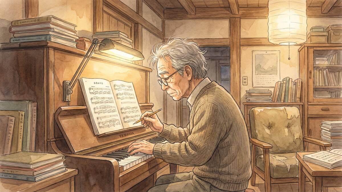 自宅のピアノで楽譜を読む老人 温かいランプの光 水彩画