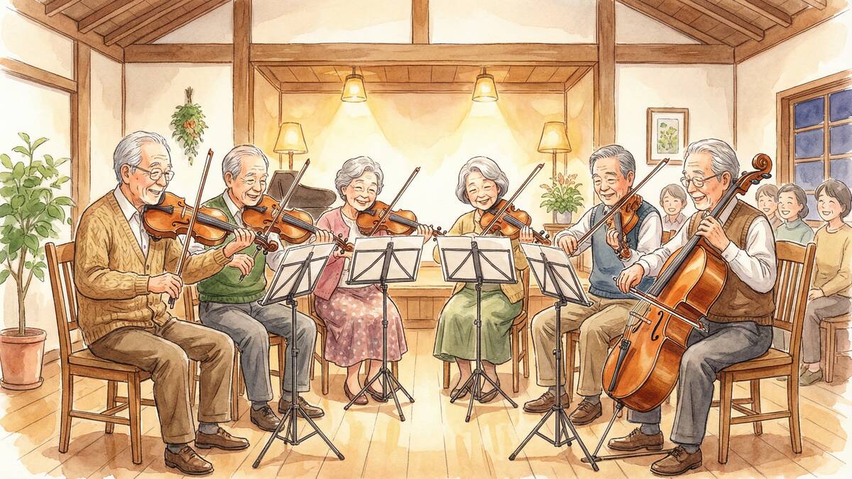 高齢者の弦楽アンサンブル 地域の集会所で演奏 水彩画