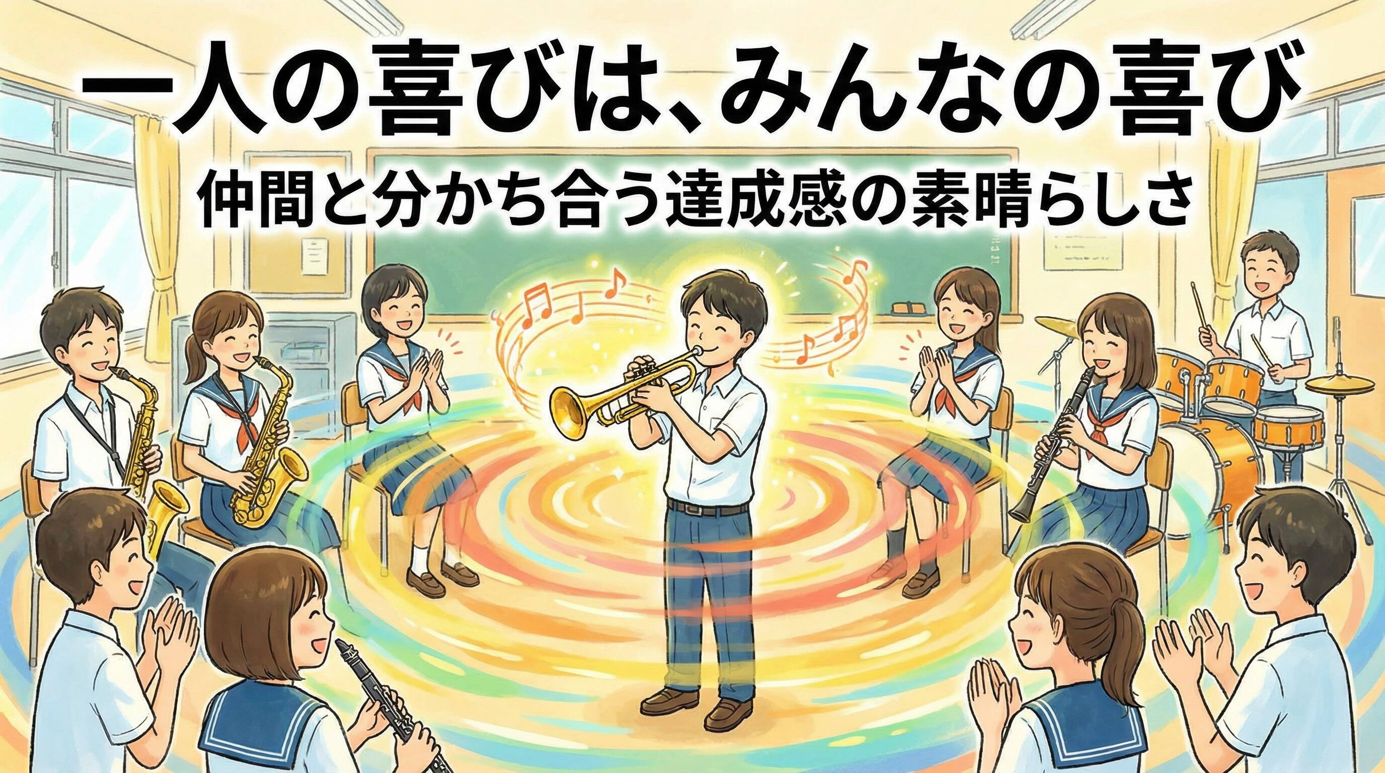 仲間の成功を自分のことのように喜ぶ吹奏楽部のイラスト