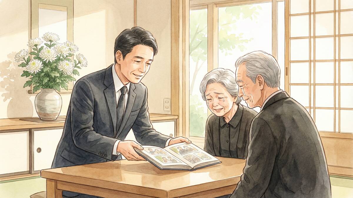 現代の葬祭プランナーが遺族に寄り添うシーンのイラスト