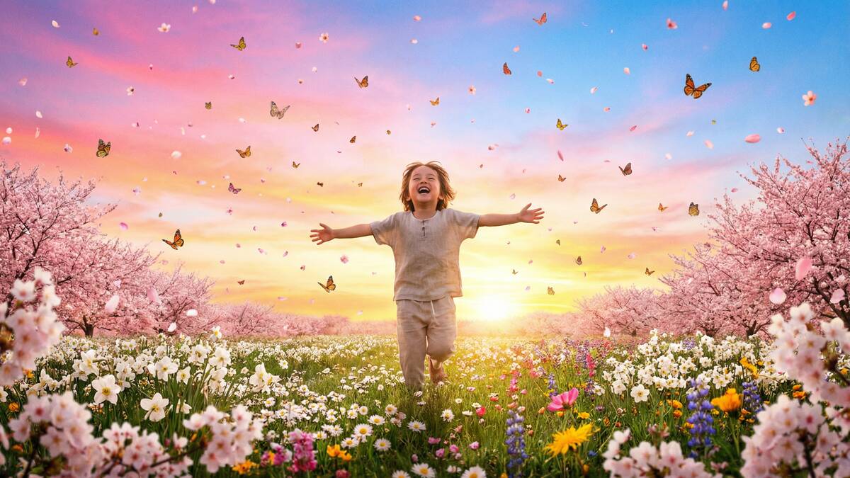 花は咲く いつか生まれる君に 未来への希望 子供 花畑 蝶々