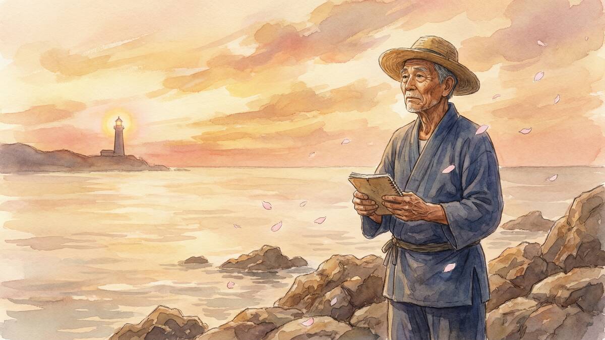 夕暮れの海岸で灯台を見つめながら日記を書く老人のイラスト