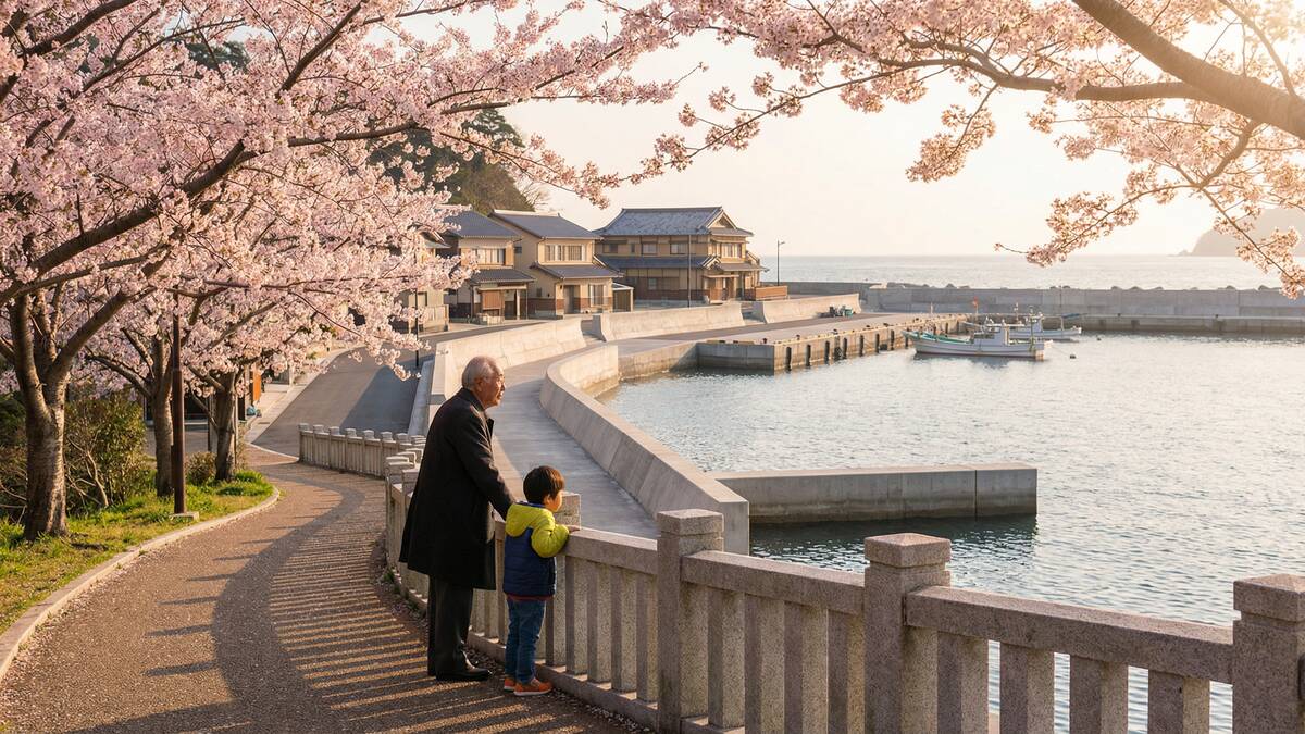 東日本大震災15年 復興した沿岸の街 桜並木 老人と子供 記憶の継承