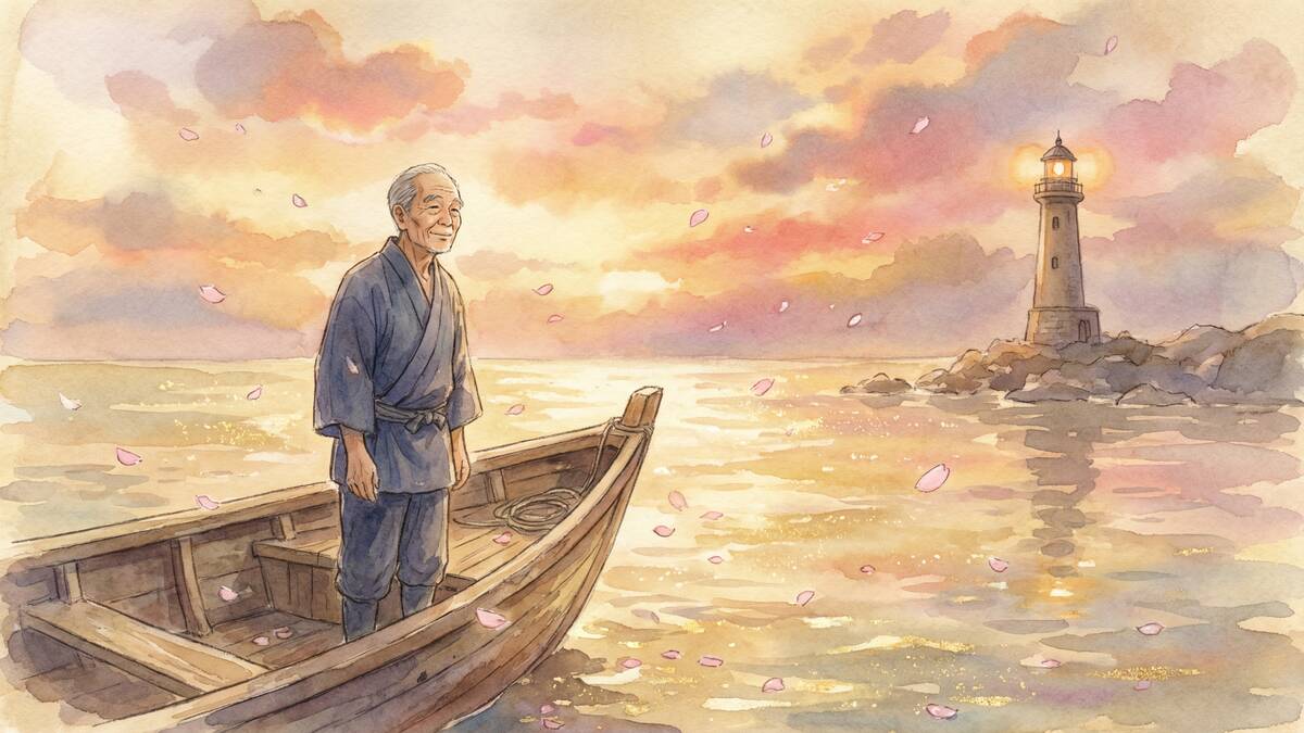 夕日の海を小舟で航海する老人 灯台 桜の花びら 水彩画
