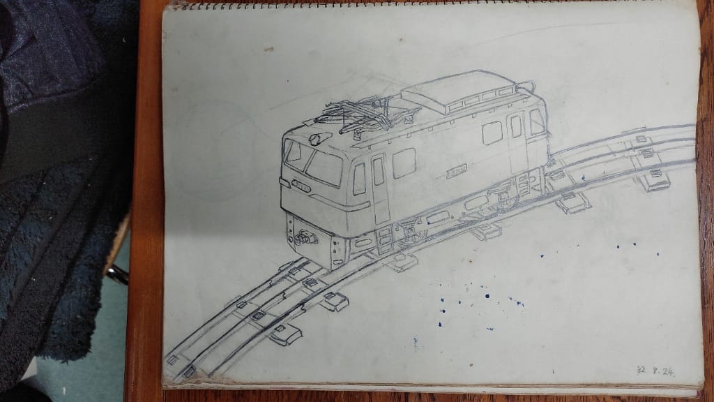 中学1年生(昭和32年)に描いた電気機関車OゲージのデッサンS32.7.24