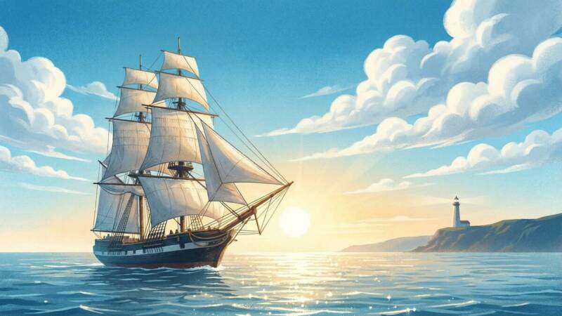 帆船が青い海を航海している壮大な場面。遠くに灯台が見える。新しい挑戦と希望を象徴する。