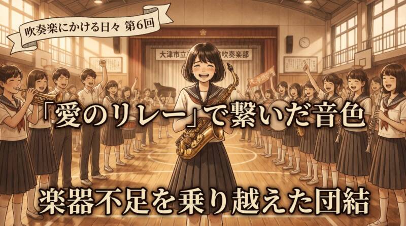 吹奏楽部の生徒がサックスを喜んで受け取る1980年代の学校風景