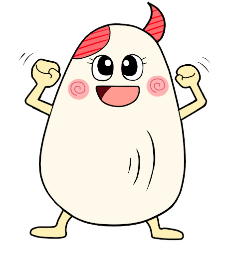 お米をモチーフにした愛嬌たっぷりのキャラクター「ギャバ太郎」のイラスト。妻が考案した当社のメインキャラクター。