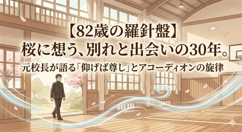 桜が舞う古い木造校舎と体育館のイラスト