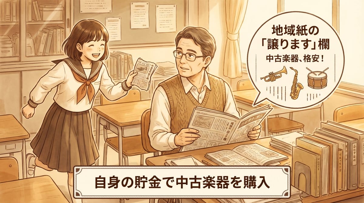 地域紙の譲りますコーナーで楽器情報を見つけ職員室へ走る生徒と先生 1980年代