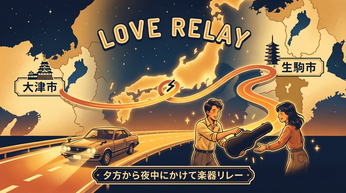大津市から生駒市まで夜中に楽器をリレーで届けた愛のリレーの地図イラスト