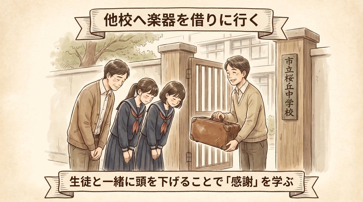 音楽の先生と生徒が他校の門で頭を下げて楽器を借りる場面のイラスト