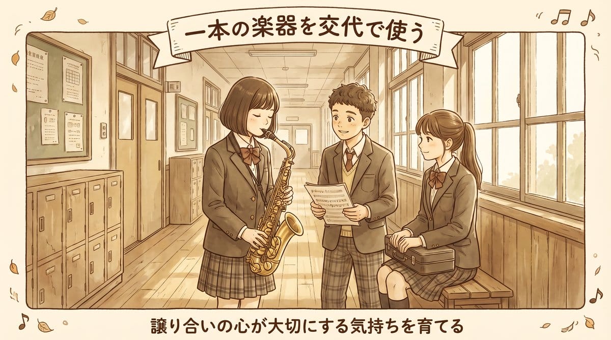 一本のサックスを三人の生徒が交代で使い練習する1980年代の学校廊下