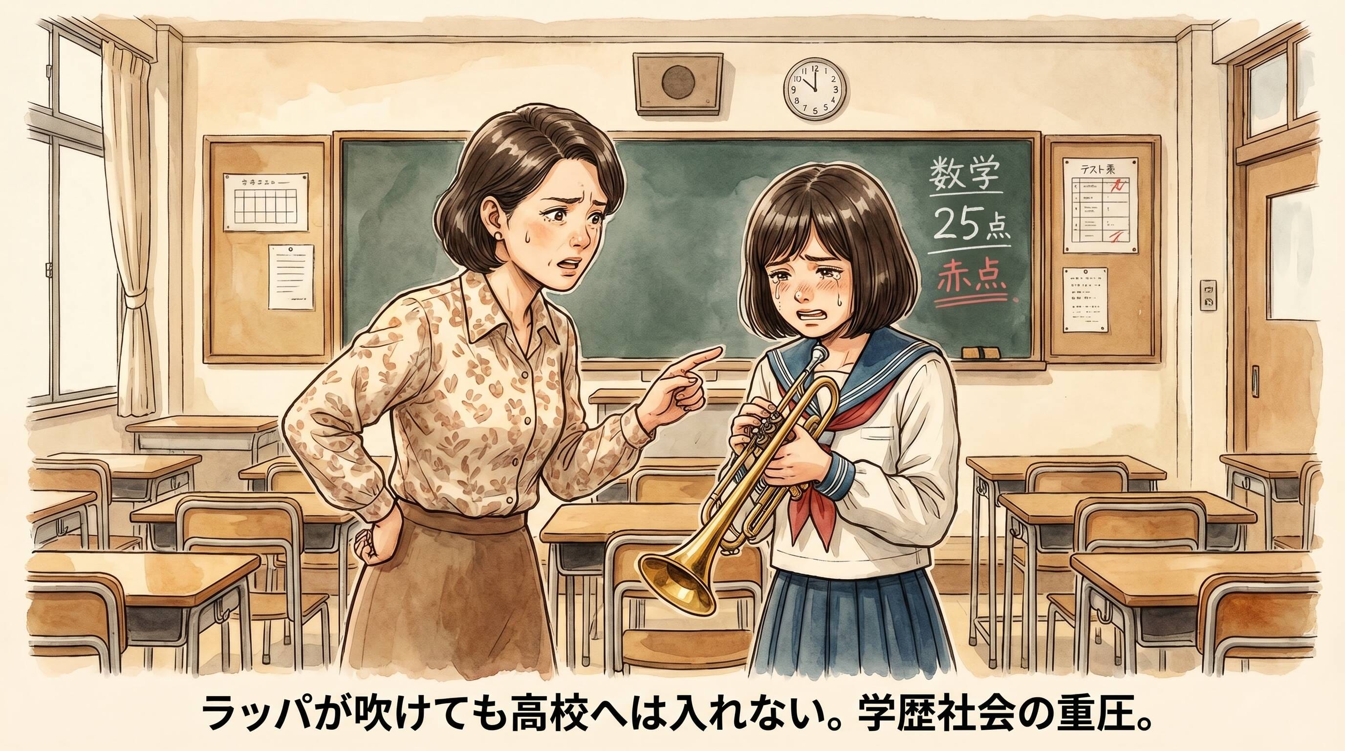 数学のテストで赤点を取り、母親からトランペットを吹きながら叱られている女子中学生のイラスト