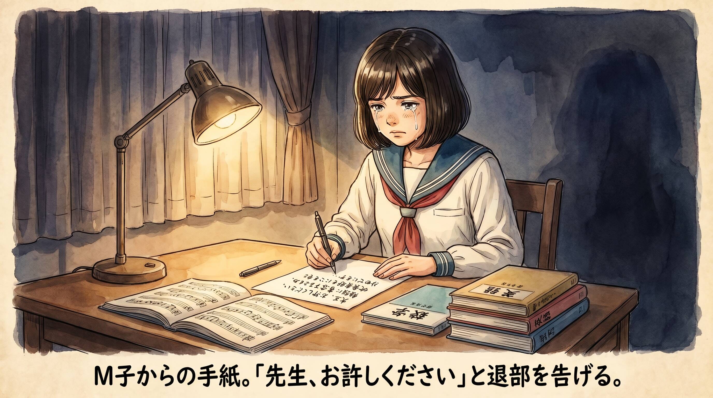 深夜に机に向かい、涙を流しながら退部を告げる手紙を書く女子中学生のイラスト