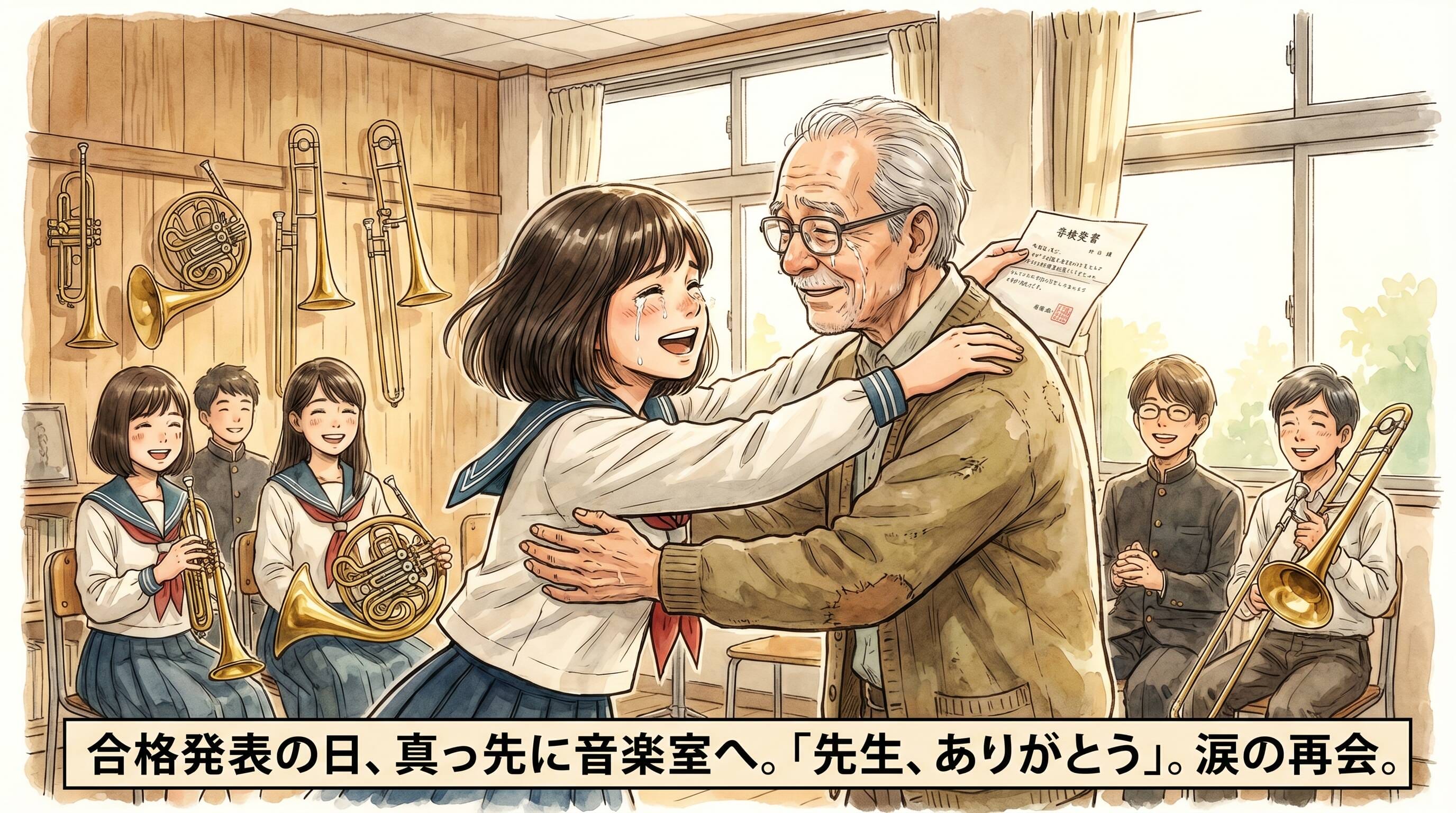 高校合格発表の日、音楽室で先生に合格通知を見せて涙ながらに抱き合う女子生徒と先生のイラスト
