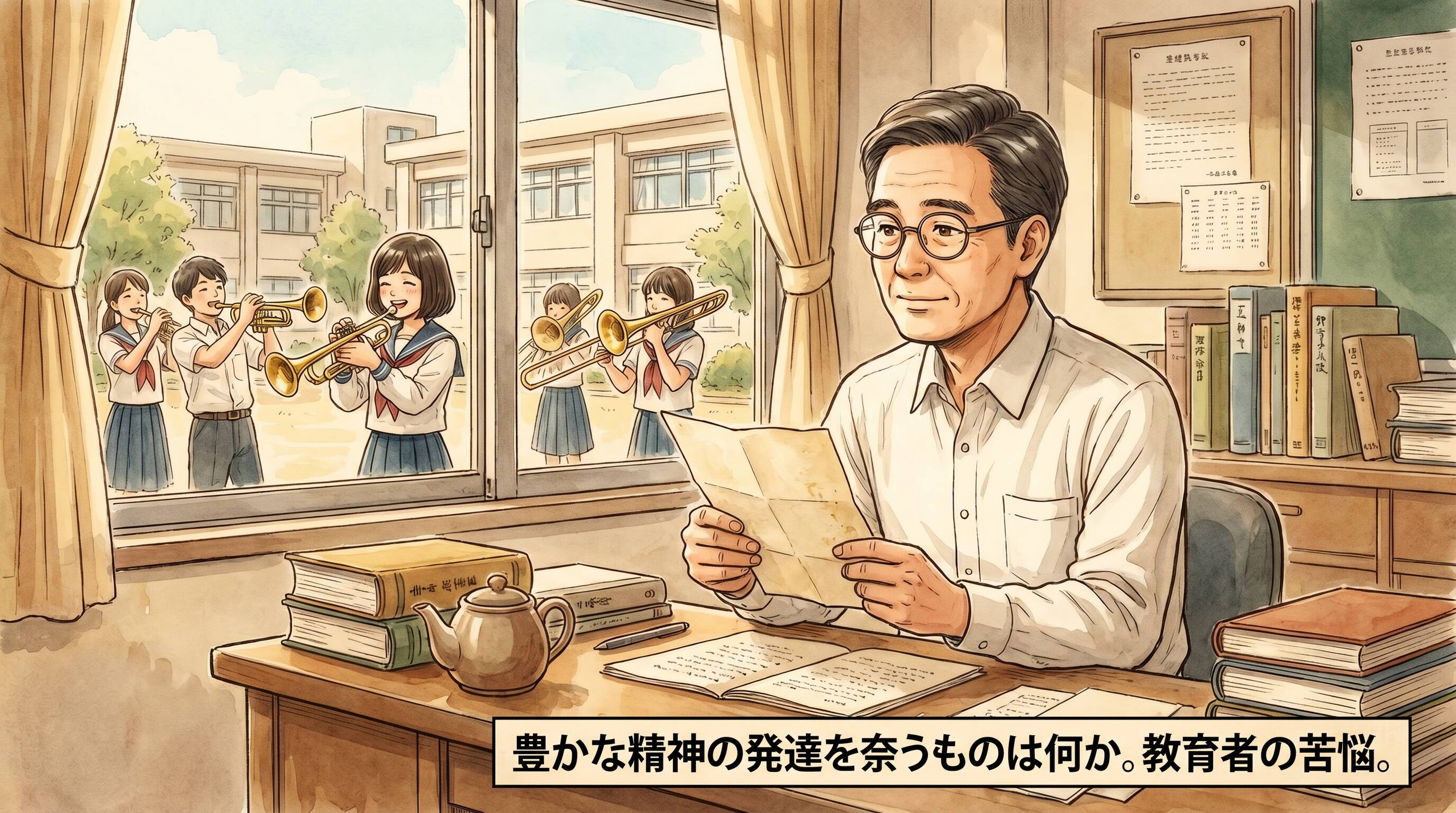 職員室の窓から吹奏楽部の生徒たちを見つめながら、手紙を手に教育のあり方について思索にふける先生のイラスト
