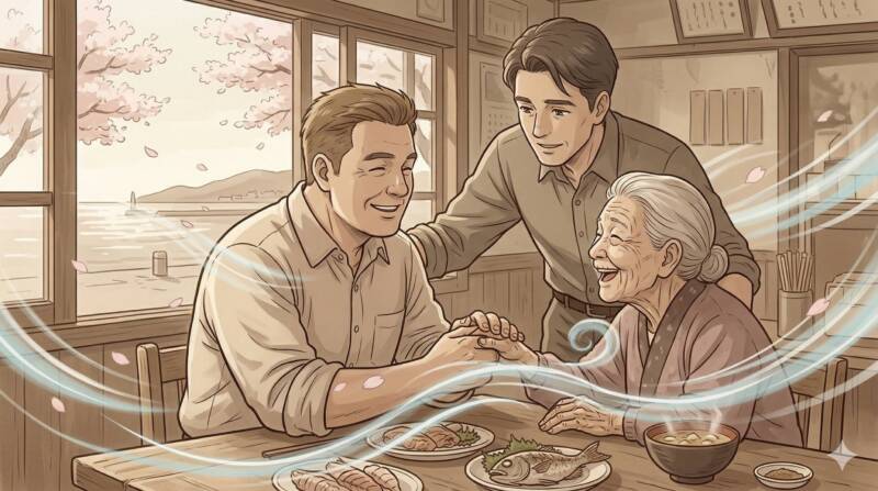 東北の食堂で、地元のおばあちゃんと親しげに笑い合うサンドウィッチマンの二人のイラスト。