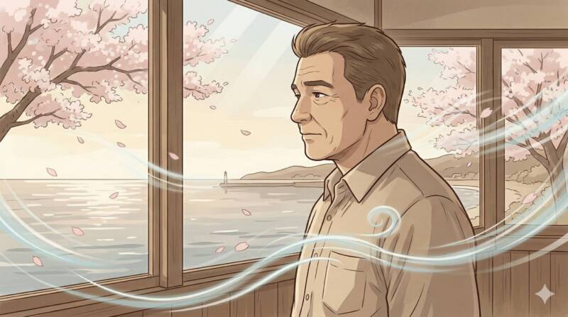 夜の東北の高台で、一人海を見つめて葛藤を抱える伊達みきおのイラスト