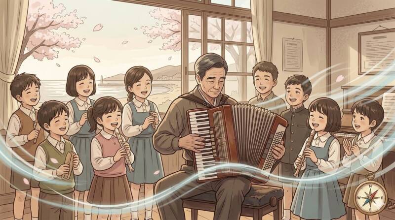 東北の校庭でアコーディオンを演奏するサンドウィッチマンと、笑顔で聴く子どもたちのイラスト。