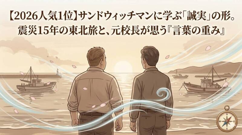 東北の海岸線で朝日に向かって立つサンドウィッチマンの二人のイラスト