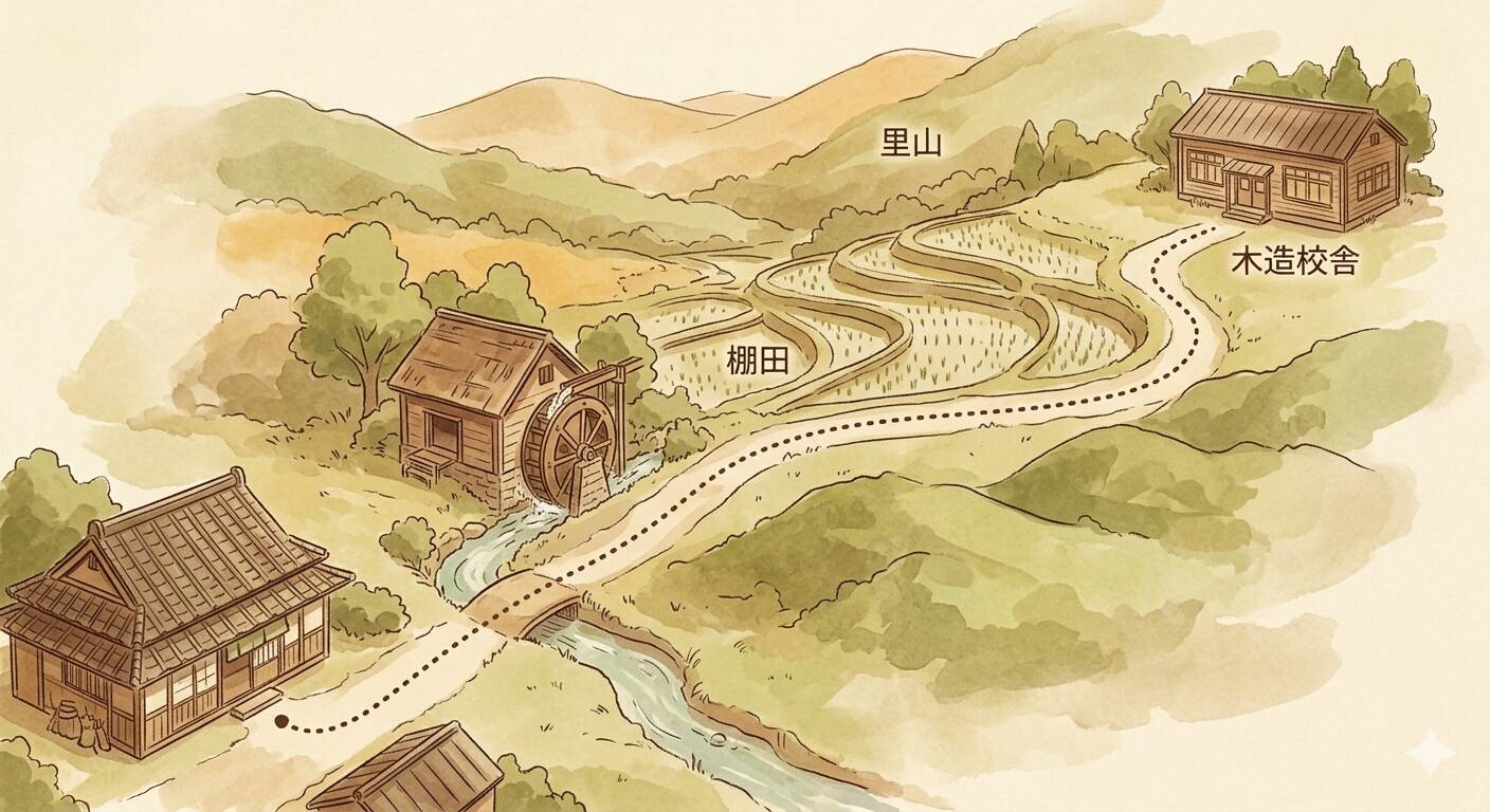 水車小屋の小径から棚田・里山を抜けて校舎へ続く、生駒の通学路を描いた思い出マップ風イラスト