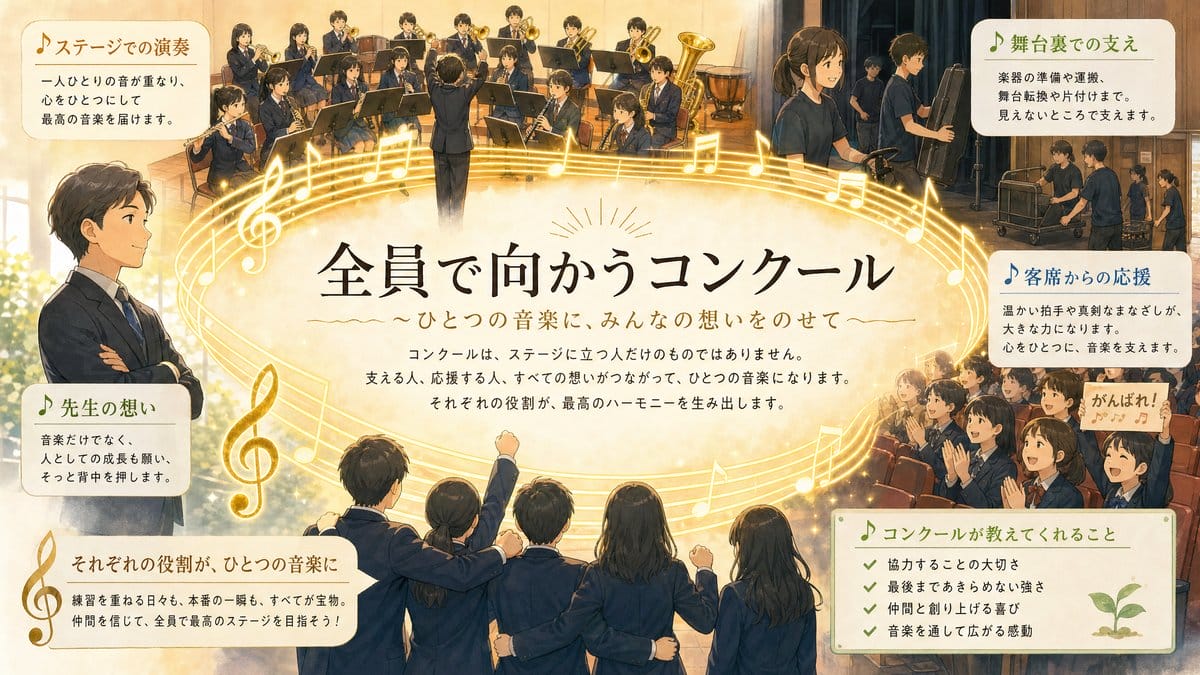 舞台に立つ部員と客席で見守る部員が同じハーモニーを共有する様子のインフォグラフィック