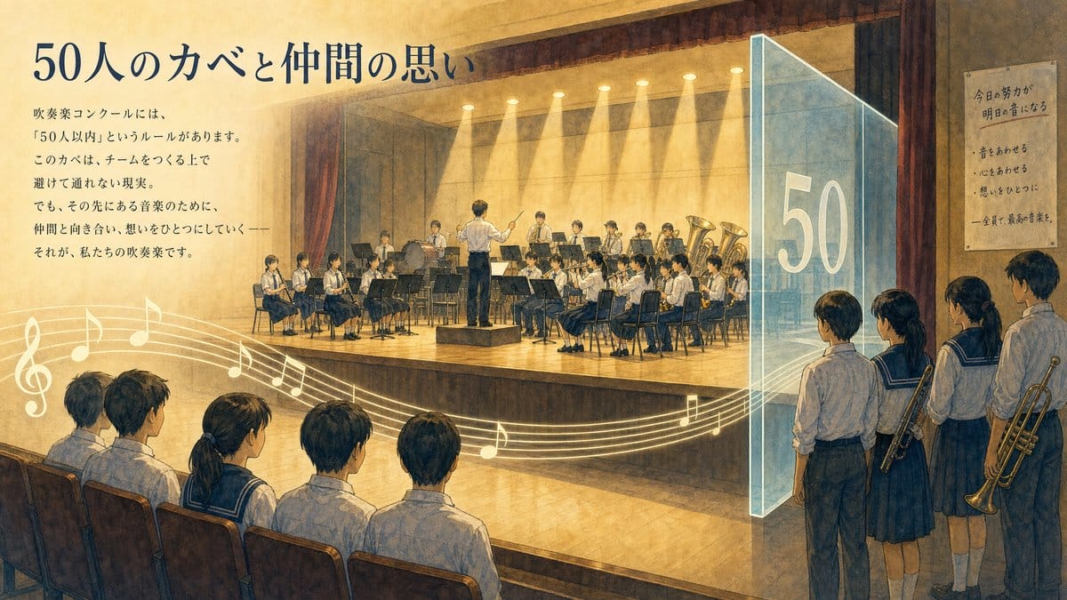 吹奏楽コンクールの舞台袖と客席で仲間を見守る部員たちを表すインフォグラフィック