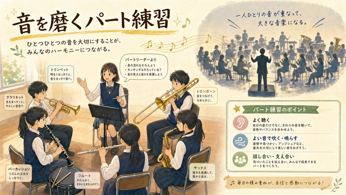 輪になって基礎練習に取り組む中学校吹奏楽部のパート練習を表すインフォグラフィック