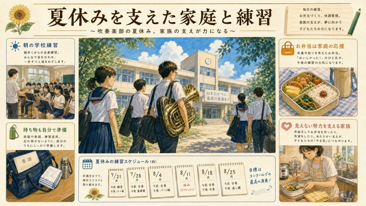 夏休みの吹奏楽部練習と家庭の弁当づくりを表す温かなインフォグラフィック