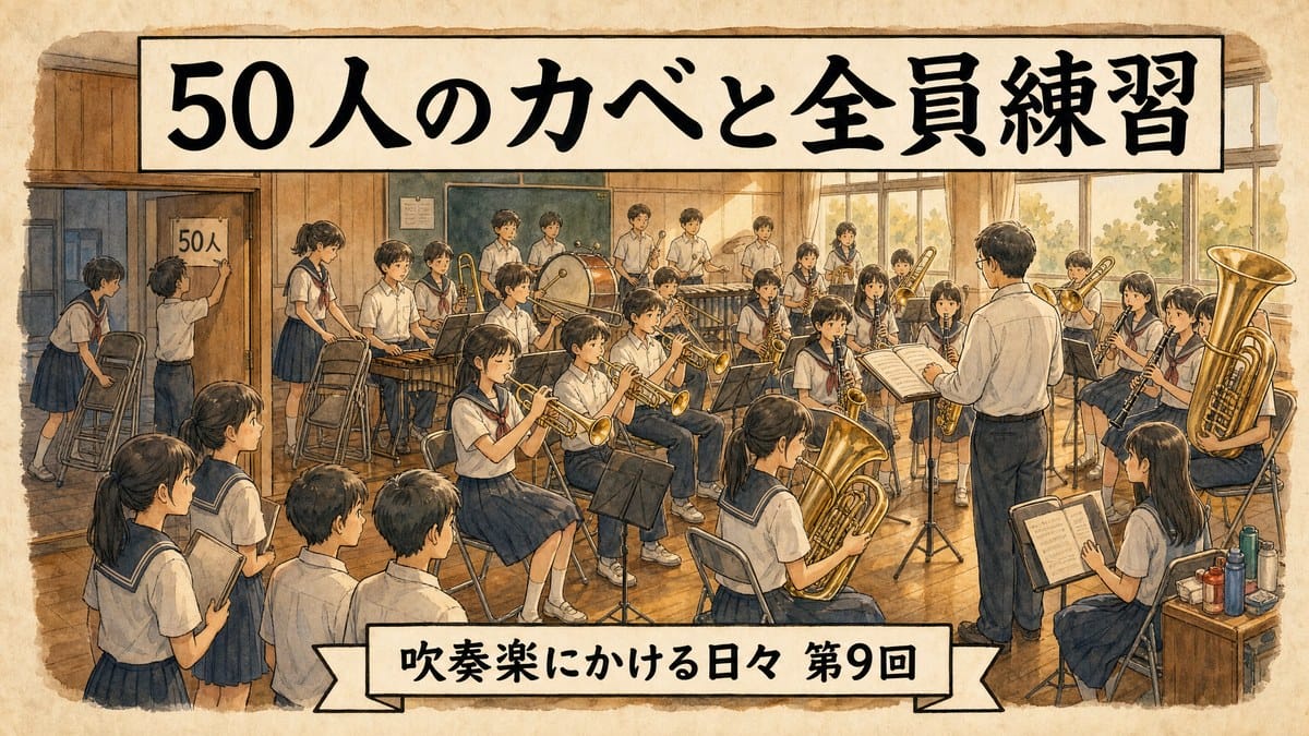 吹奏楽コンクールの夏、50人のカベと全員練習に向き合う中学校吹奏楽部の練習風景