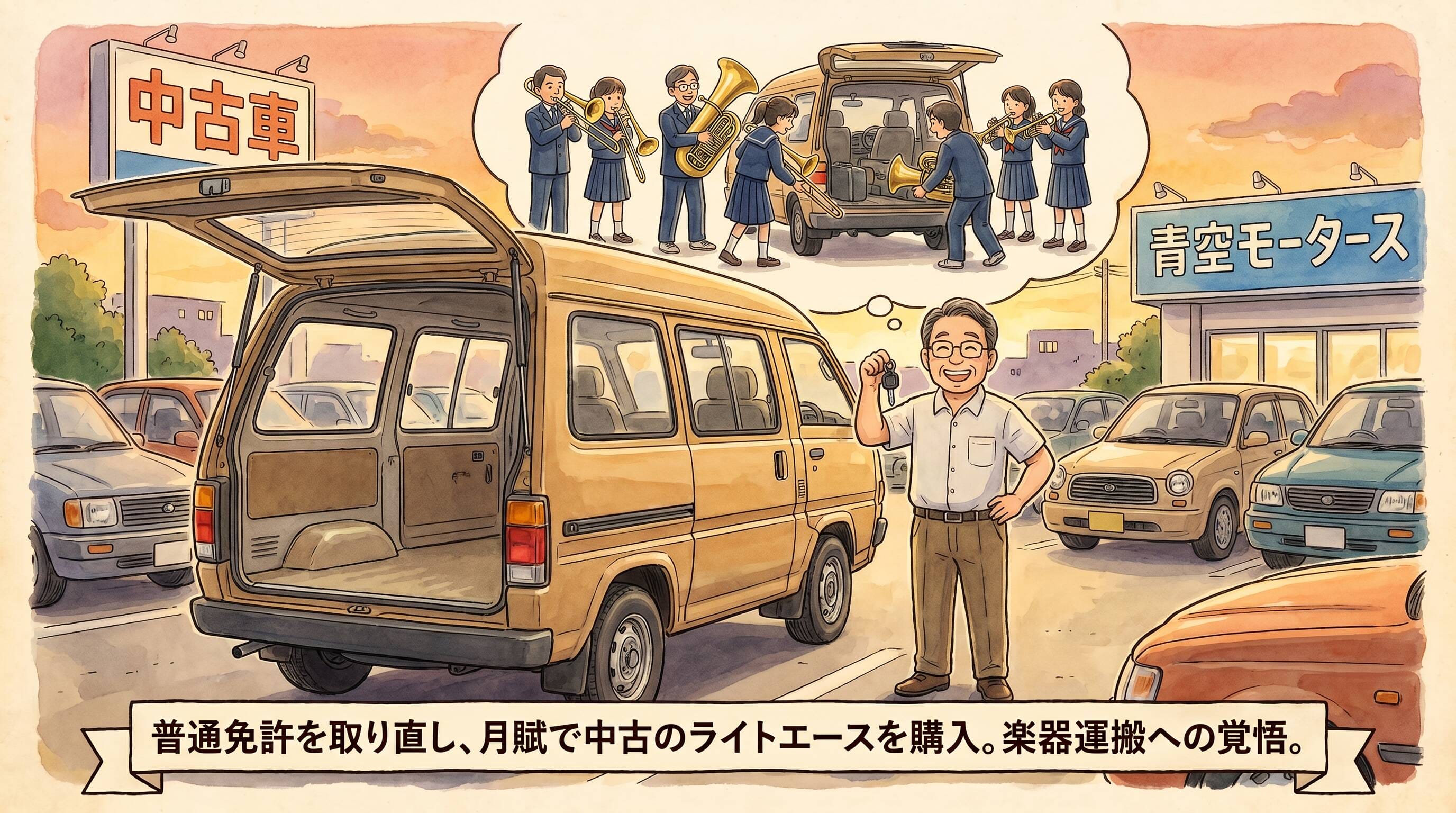 中古車販売店でライトエースの鍵を手に笑顔を見せる音楽教師のイラスト