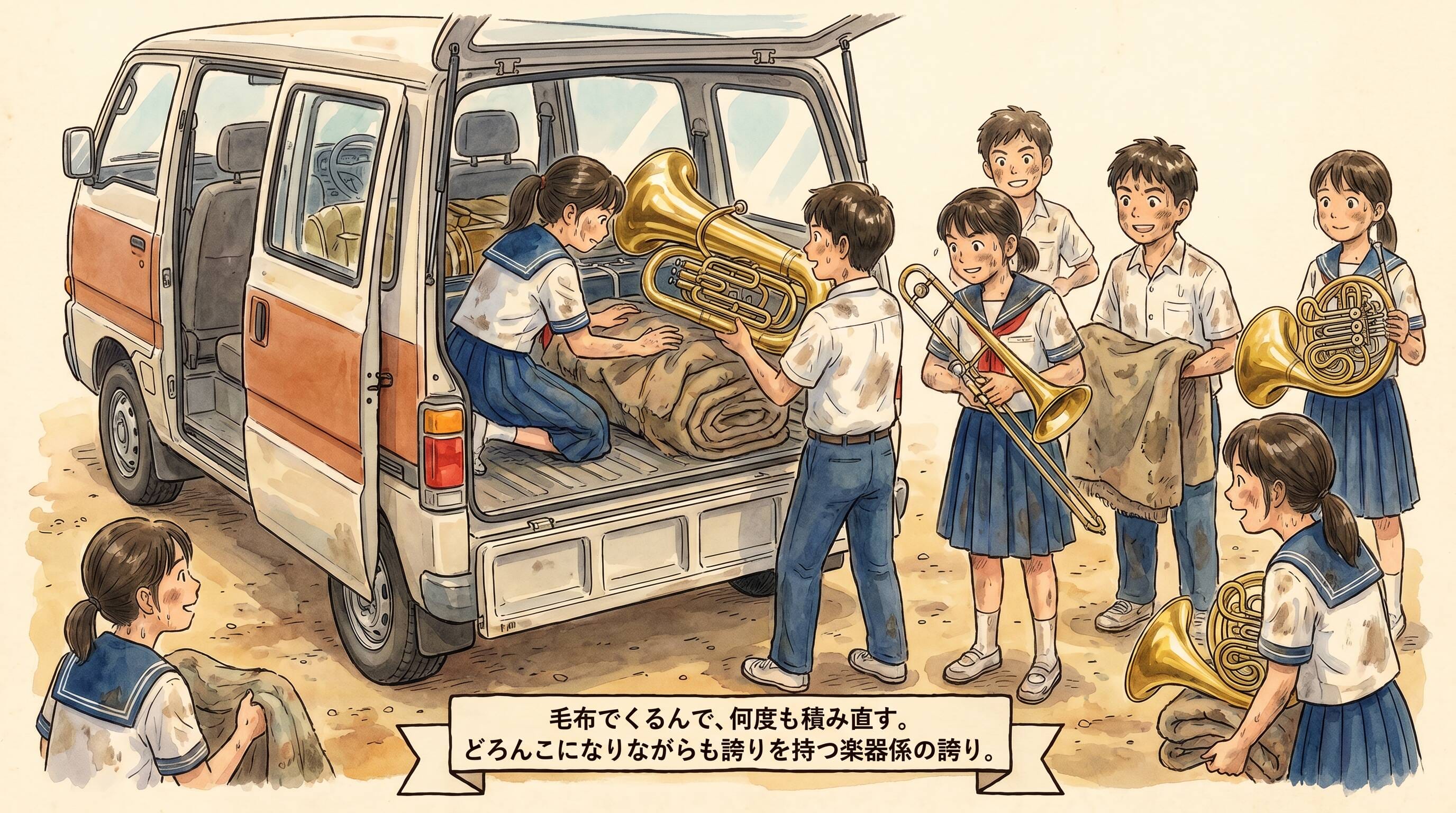 泥だらけになりながらバンの荷台に毛布でくるんだ楽器を積み込む中学生たちのイラスト