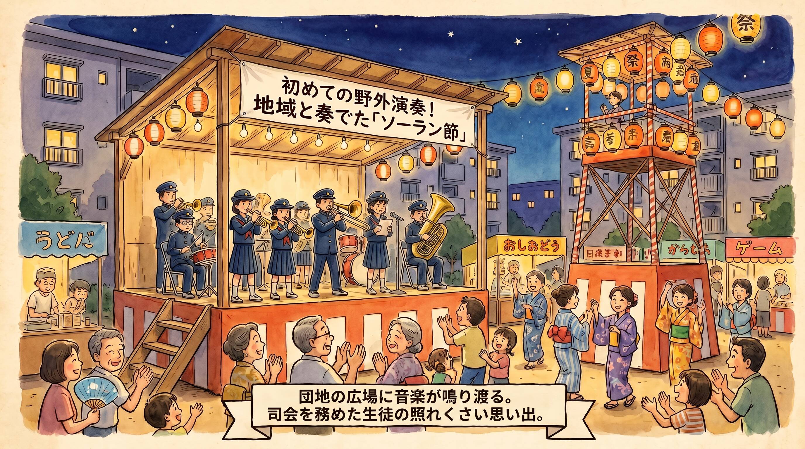 夏祭りの櫓の横でソーラン節を演奏する吹奏楽部と拍手する地域の人々のイラスト