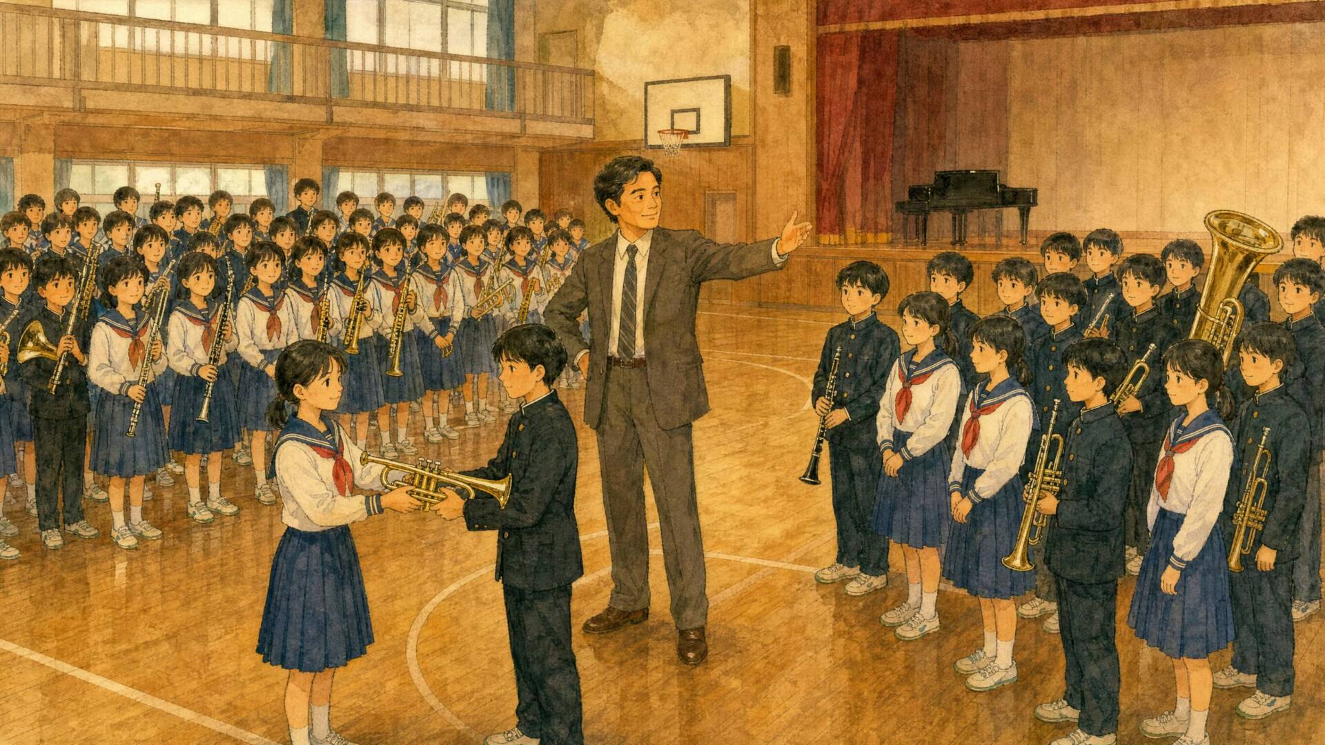 体育館でA組とC組の2チームに分かれて練習する吹奏楽部員たち